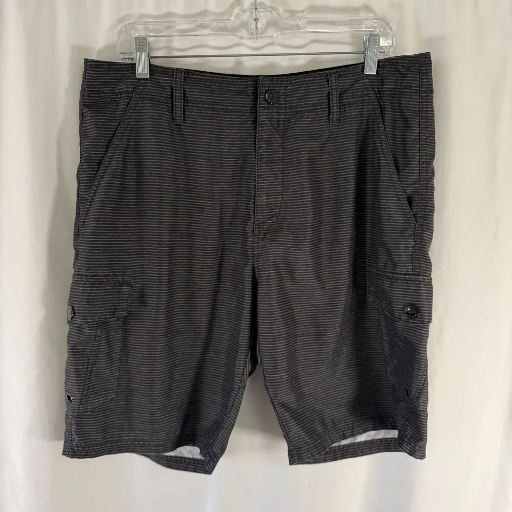 Oakley Hybrid Swim Shorts Men's 34 Black Grey Striped Cargo Pocket Snap Button